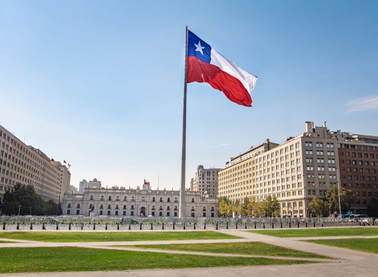 La Moneda Palace and Bicentenario Chilean Flag - Santiago, Chile