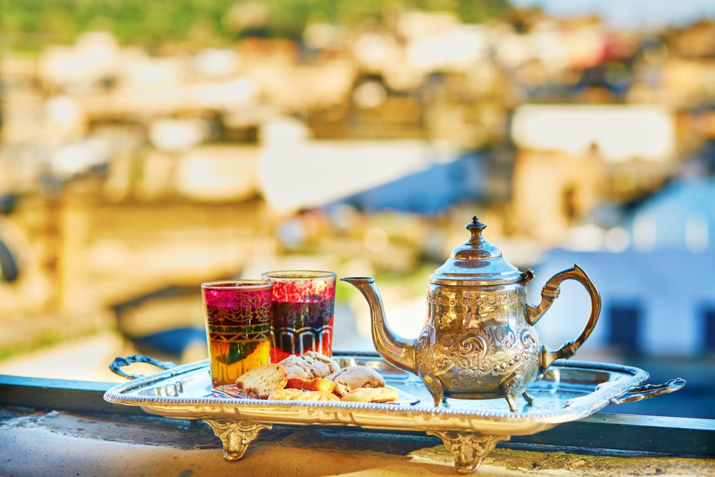 Traditional Moroccan mint tea with sweets
