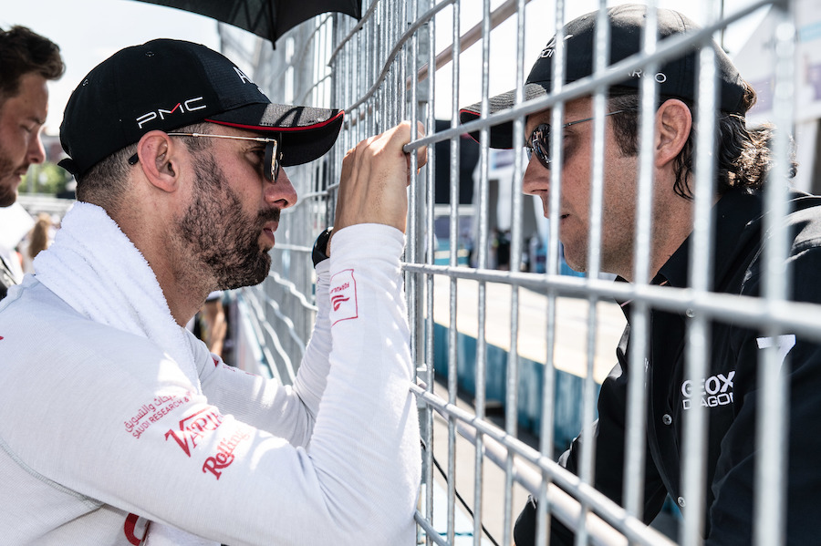 BROOKLYN STREET CIRCUIT, UNITED STATES OF AMERICA - JULY 14: Jose Maria Lopez (ARG), GEOX Dragon Racing talks with Jay Penske, Team Owner, Dragon Racing on the grid during the New York City E-prix II at Brooklyn Street Circuit on July 14, 2019 in Brooklyn Street Circuit, United States of America. (Photo by Simon Galloway / LAT Images)