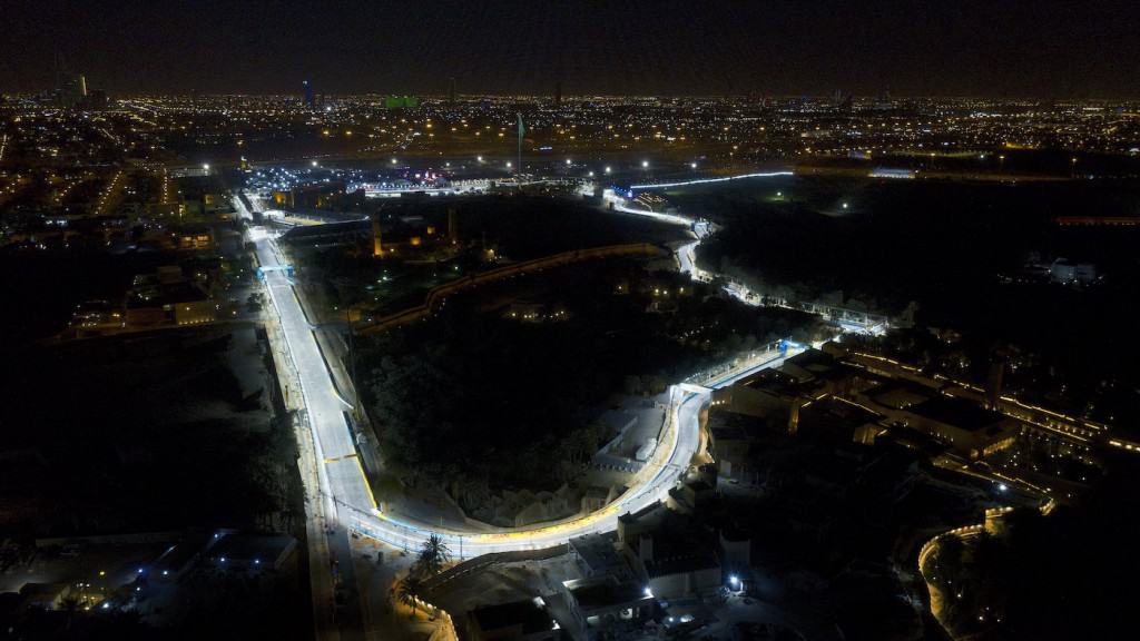 RIYADH STREET CIRCUIT, SAUDI ARABIA - FEBRUARY 26: Aerial drone footage of the Riyadh Street Circuit during the Diriyah ePrix I at Riyadh Street Circuit on Friday February 26, 2021 in Riyadh, Saudi Arabia. (Photo by Sam Bagnall / LAT Images)
